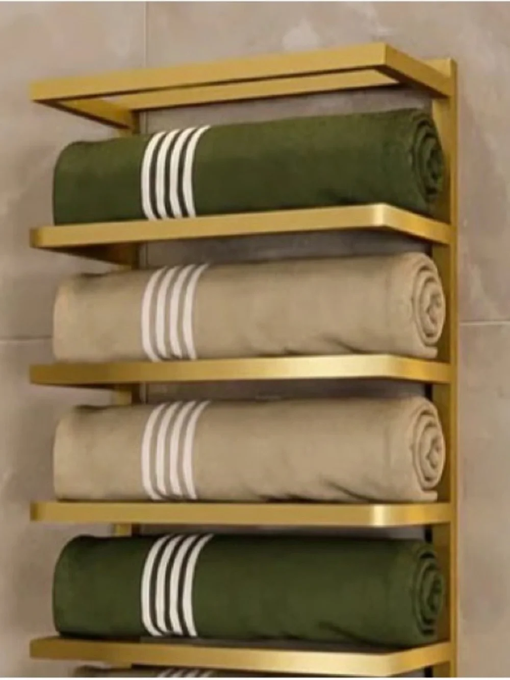 Gold Wall-Mounted Towel Rack with Green and Beige Towels - Modern Bath Storage